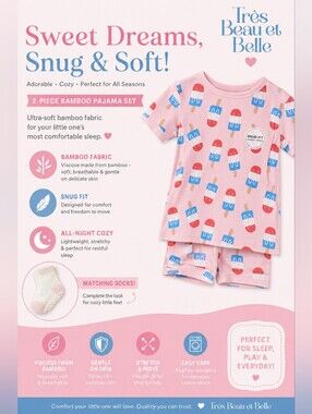 Très Beau et Belle Pink Popsicle Bamboo Kids Pajama Set